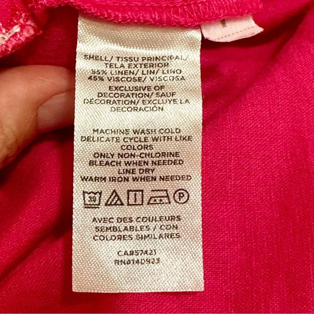 Loft Embroidered Linen blend Boho tiered bright Pink Midi Dress, size small